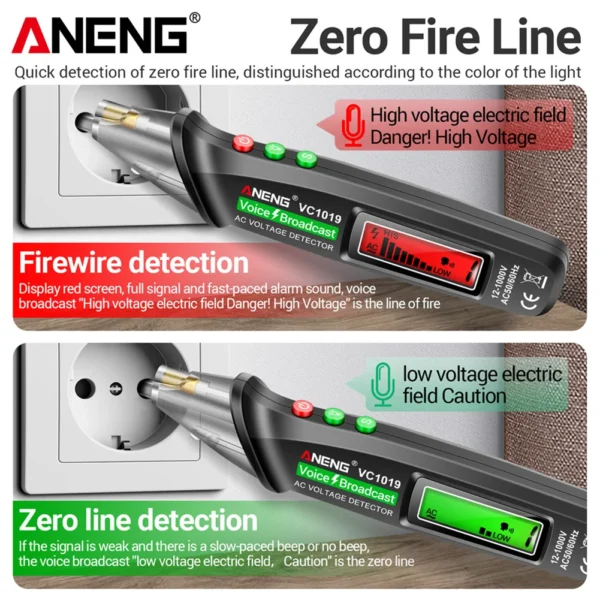ANENG VC1019 Red Laser Test Pen Voice Broadcast Voltage Detector 12-1000V Volt Current Non-Contact Pen Electric Teste Meter Tool - Image 13
