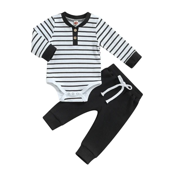2023-06-29 Lioraitiin 0-24M Infant Baby Boy 2Pcs Fall Outfits Long Sleeve Striped Print Romper Pants Set Infant Warm Clothes - Image 8