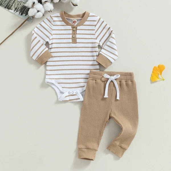 2023-06-29 Lioraitiin 0-24M Infant Baby Boy 2Pcs Fall Outfits Long Sleeve Striped Print Romper Pants Set Infant Warm Clothes - Image 3