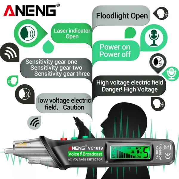 ANENG VC1019 Red Laser Test Pen Voice Broadcast Voltage Detector 12-1000V Volt Current Non-Contact Pen Electric Teste Meter Tool - Image 14