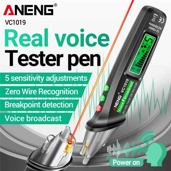 ANENG VC1019 Red Laser Test Pen Voice Broadcast Voltage Detector 12-1000V Volt Current Non-Contact Pen Electric Teste Meter Tool - Image 3