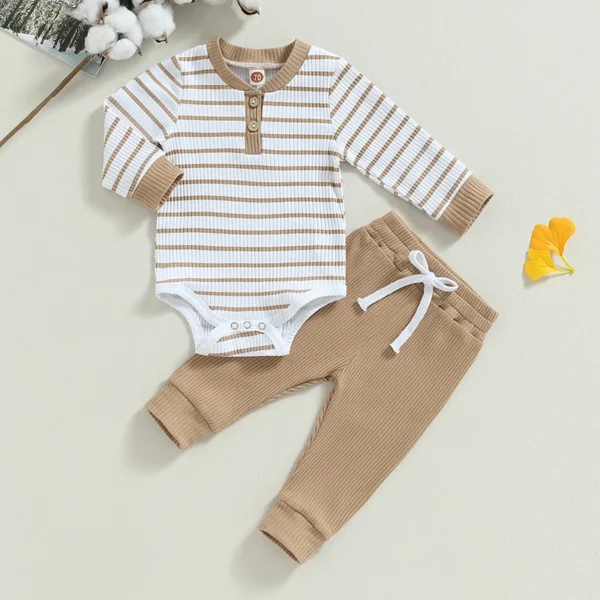 2023-06-29 Lioraitiin 0-24M Infant Baby Boy 2Pcs Fall Outfits Long Sleeve Striped Print Romper Pants Set Infant Warm Clothes - Image 2